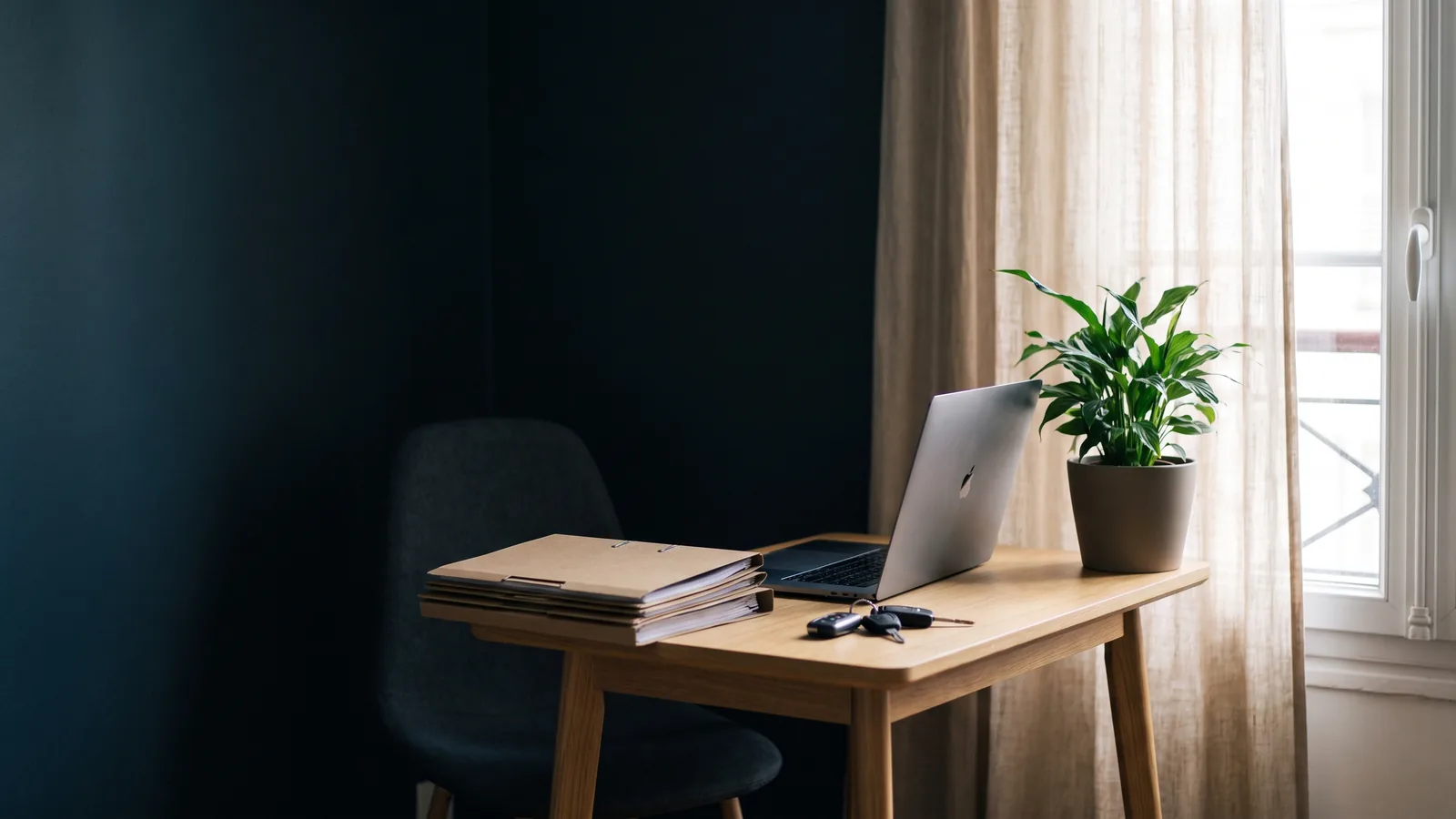 Coin de bureau installé à domicile, ordinateur portable ouvert sur une petite table en bois, chemises cartonnées et clés de voiture.