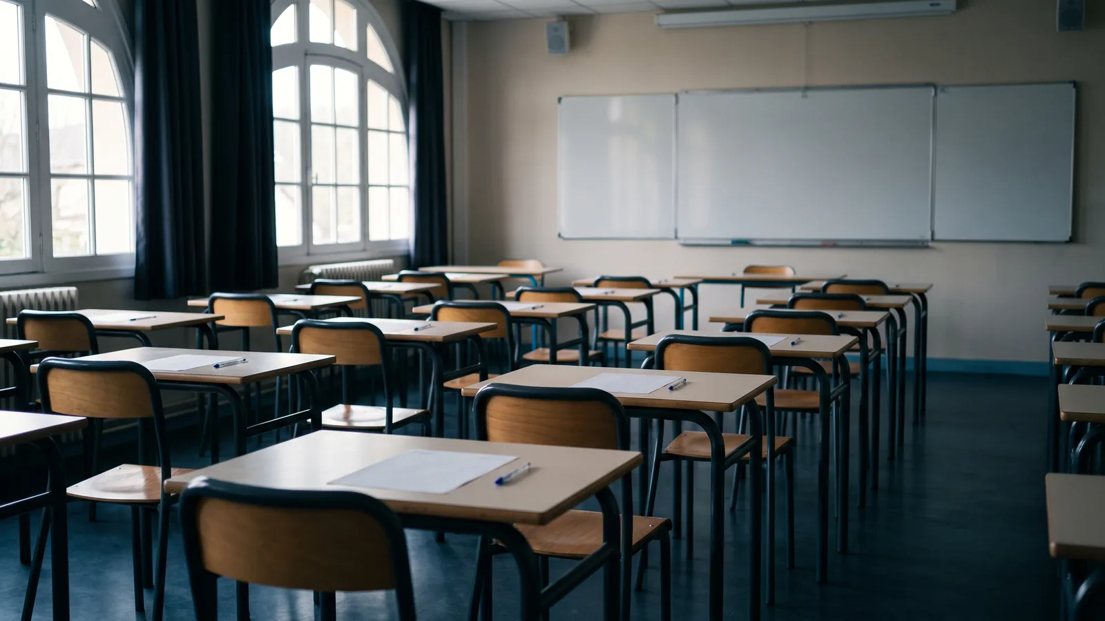 Salle d'examen vide, rangées de tables individuelles avec une feuille et un stylo sur chacune, grandes fenêtres à gauche.