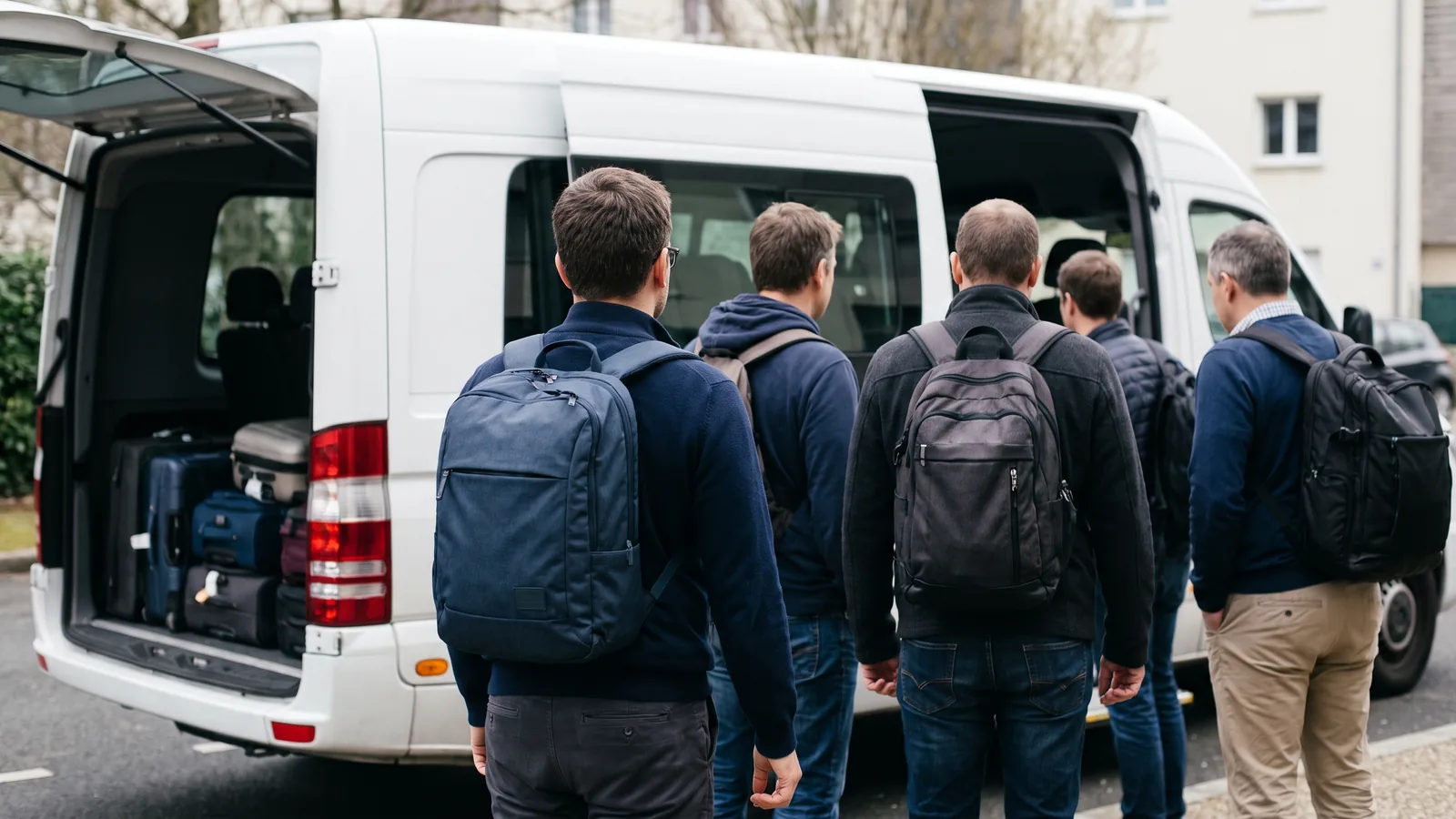 Un groupe de voyageurs vus de dos monte dans un minibus blanc garé devant l'entrée vitrée d'un hôtel, coffre ouvert et bagages.
