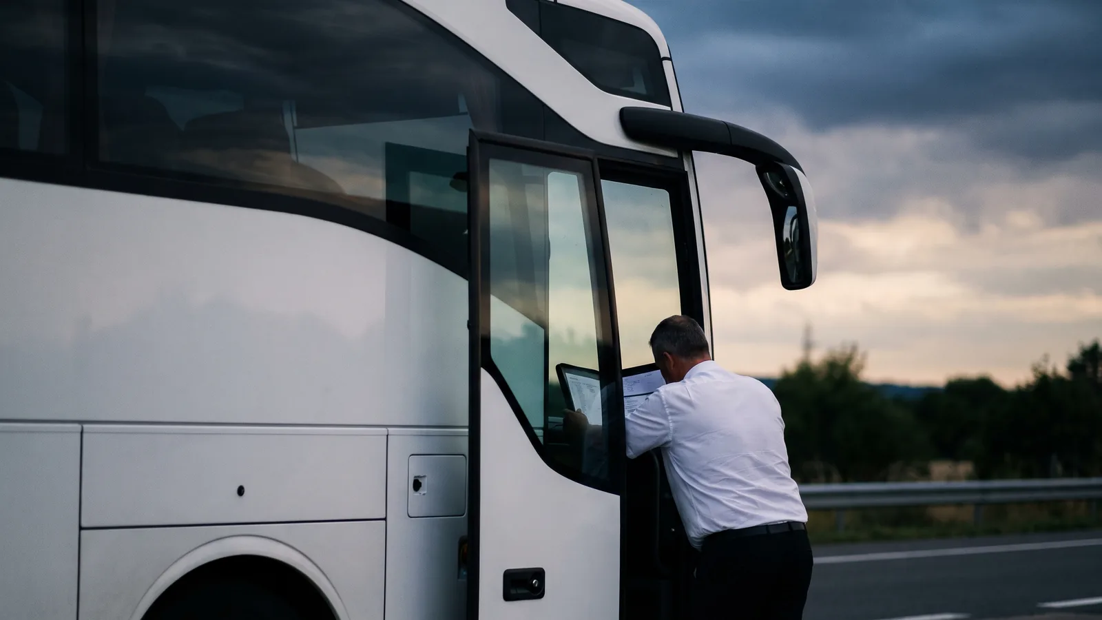Un autocar blanc arrêté sur une aire de repos d'autoroute, un conducteur vu de dos consulte une pochette de documents appuyé contre la carrosserie.