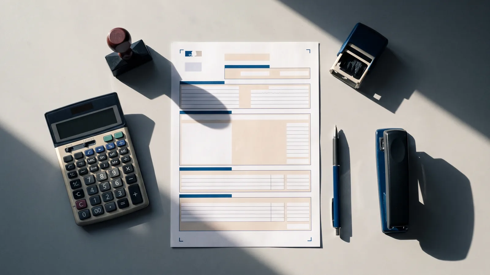 Vue du dessus d'un formulaire administratif vierge, d'une calculatrice, d'un stylo et d'un tampon encreur disposés sur un plan de travail gris clair.