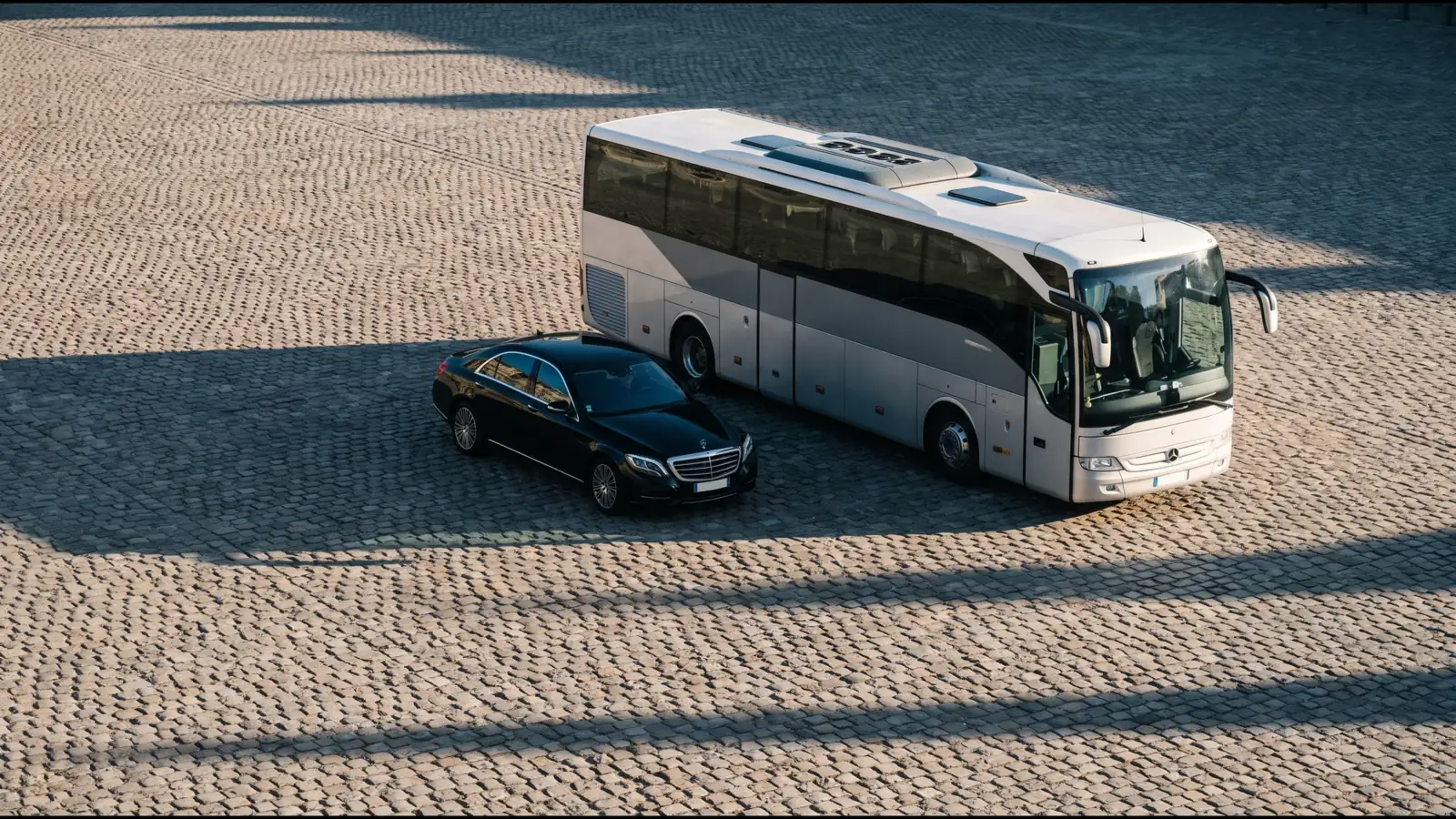 Une berline noire et un autocar de tourisme stationnés côte à côte sur un vaste parvis pavé en fin d'après-midi, contraste d'échelle.